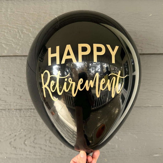 Happy Retirement balloons black with gold text latex