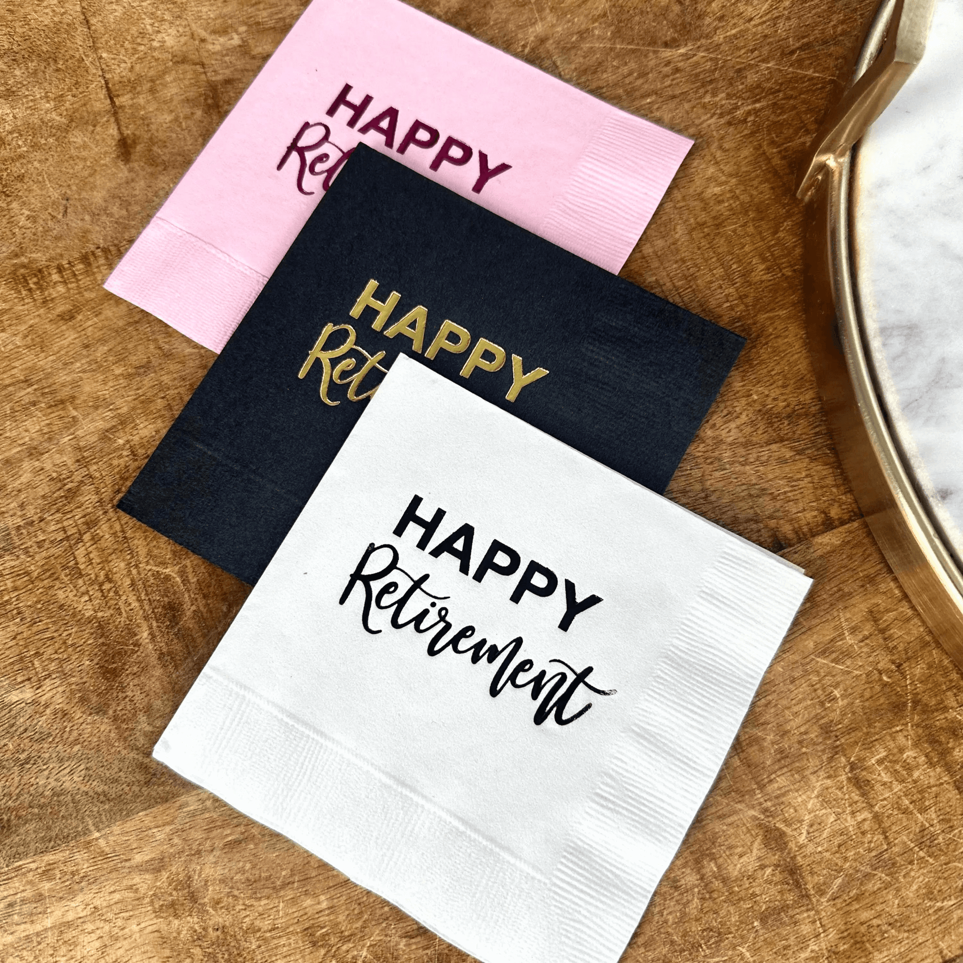 Happy Retirement napkins foil stamped