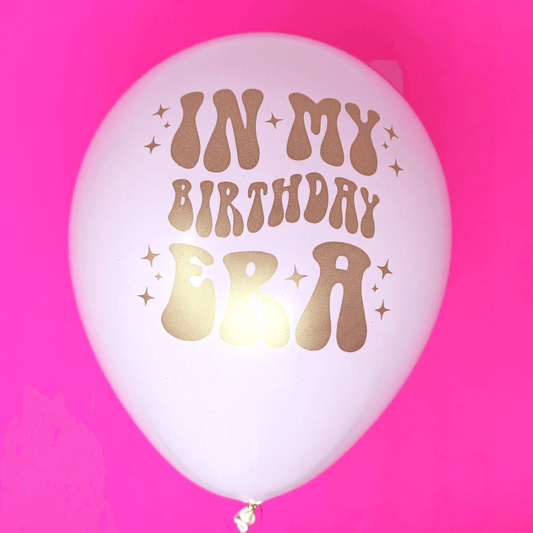 In My Birthday Era balloons white with gold text latex balloon
