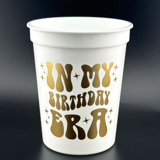 In My Birthday Era cups White and gold 16-ounce 