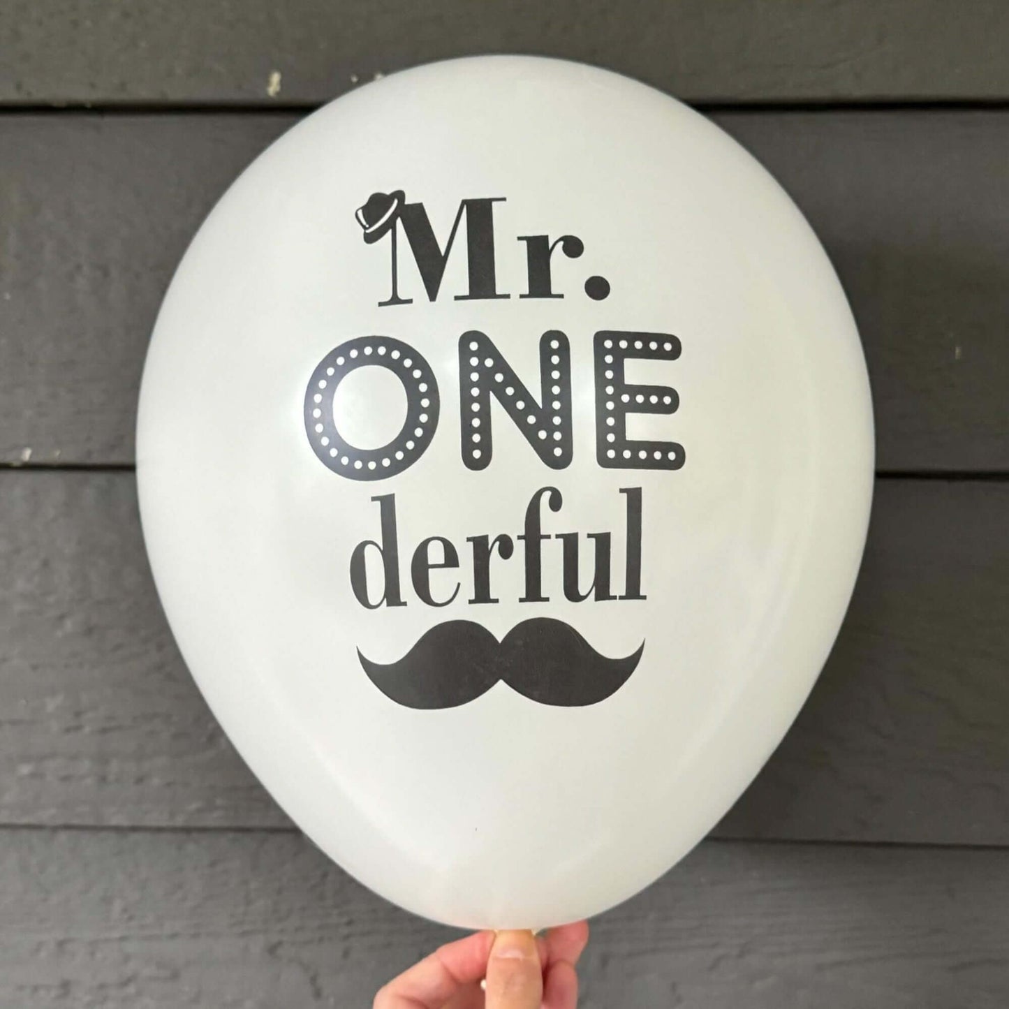 Mr Onederful balloons white with black text