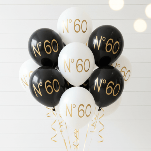 No 60 couture balloons black and white with gold text