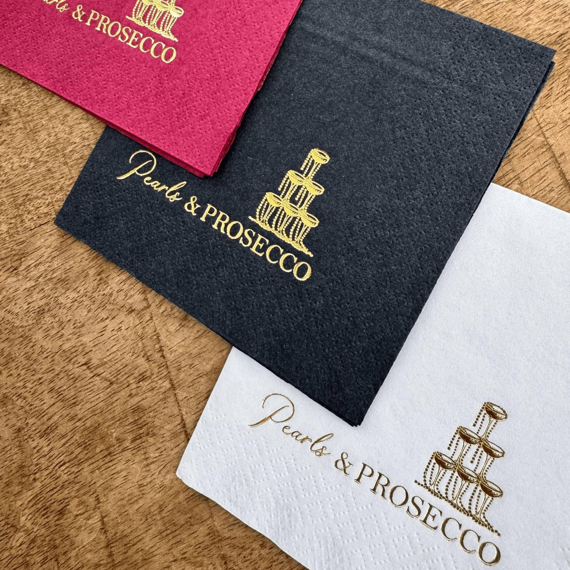 Pearls and Prosecco cocktail napkins stamped in gold foil