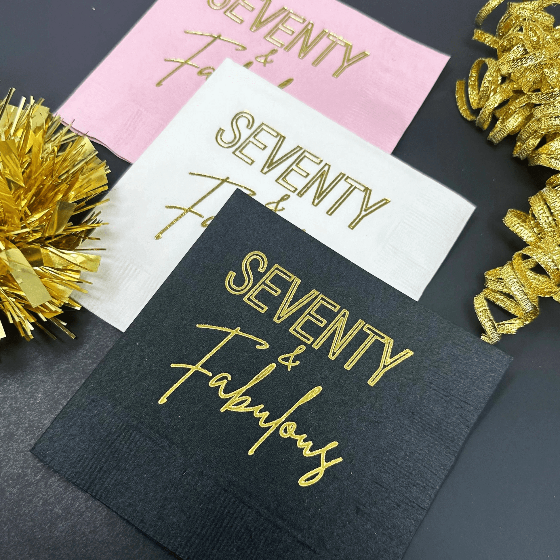 Seventy and Fabulous cocktail napkins foil stamped