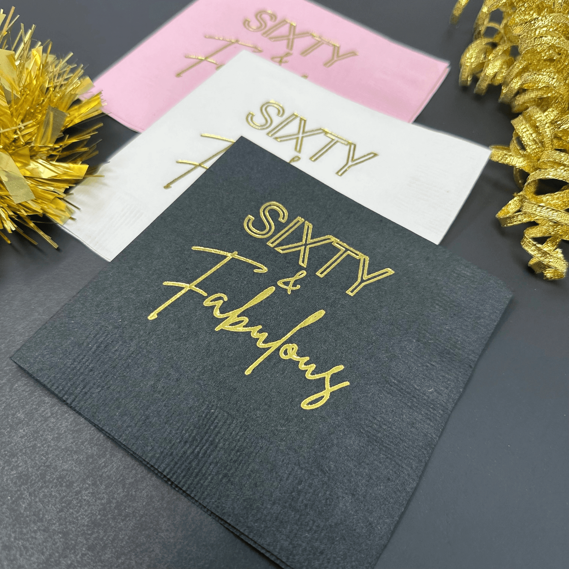 Sixty and Fabulous cocktail napkins foil stamped