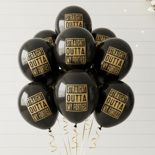 Straight Outta My Forties balloons black and gold 50th Birthday Balloons
