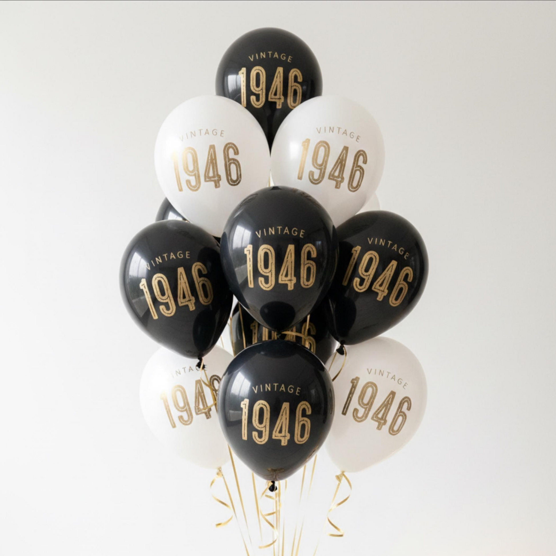 80th Birthday Latex Balloons that read Vintage 1946 in black and white