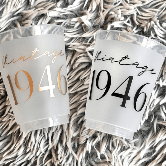 Vintage 1946 frosted cups in black text and gold text