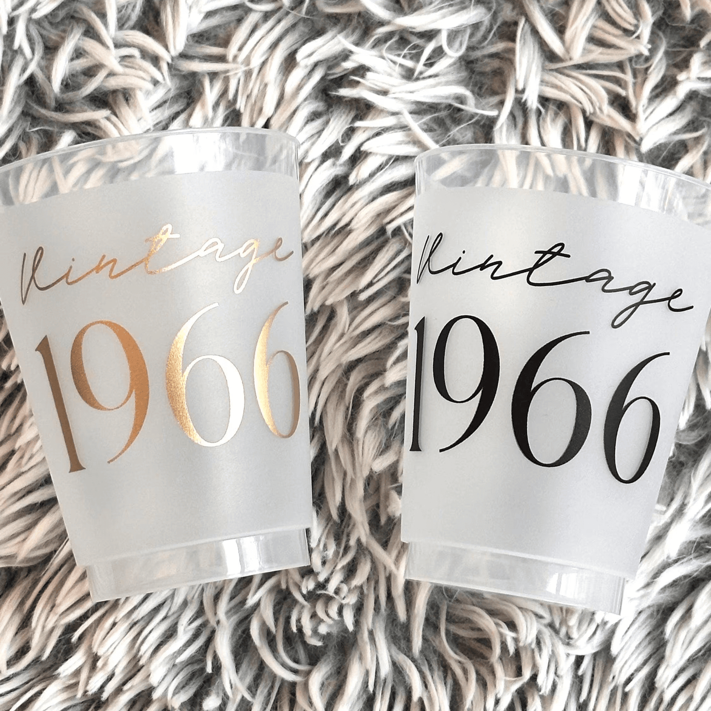 Vintage 1966 frosted cups in black and gold text 16-ounce 60th Birthday Cup