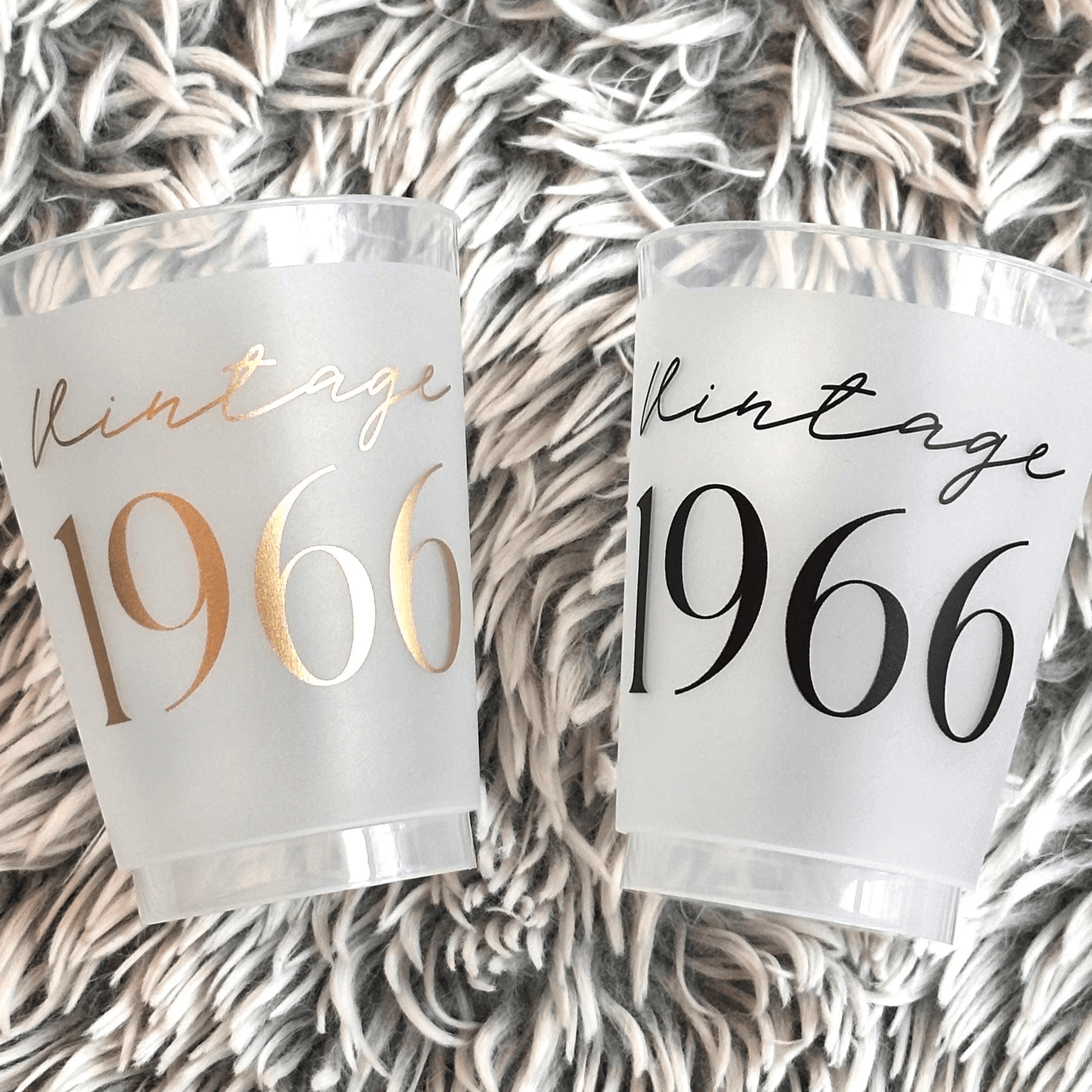 Vintage 1966 frosted cups in black and gold text 16-ounce 60th Birthday Cup