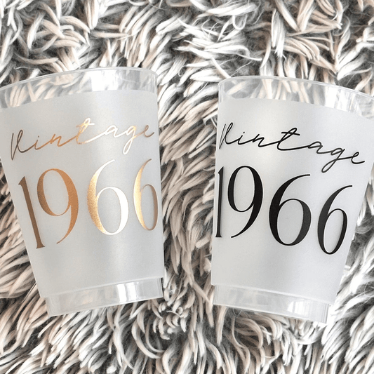 Vintage 1966 frosted cups in black and gold text 16-ounce 60th Birthday Cup