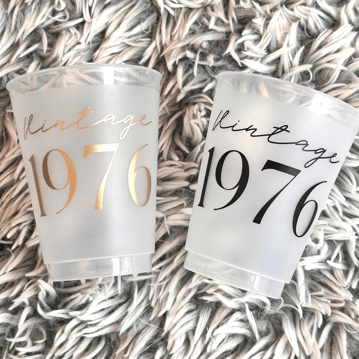 Vintage 1976 frosted cups in black and gold text 16-ounce 50th Birthday Cups