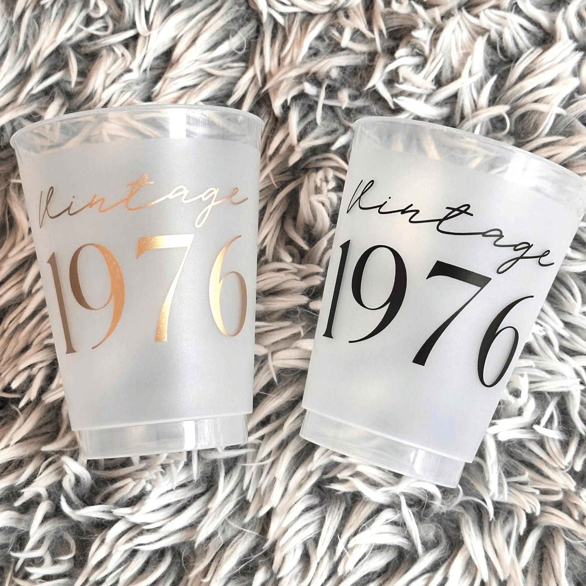 Vintage 1976 frosted cups in black and gold text 16-ounce 50th Birthday Cups