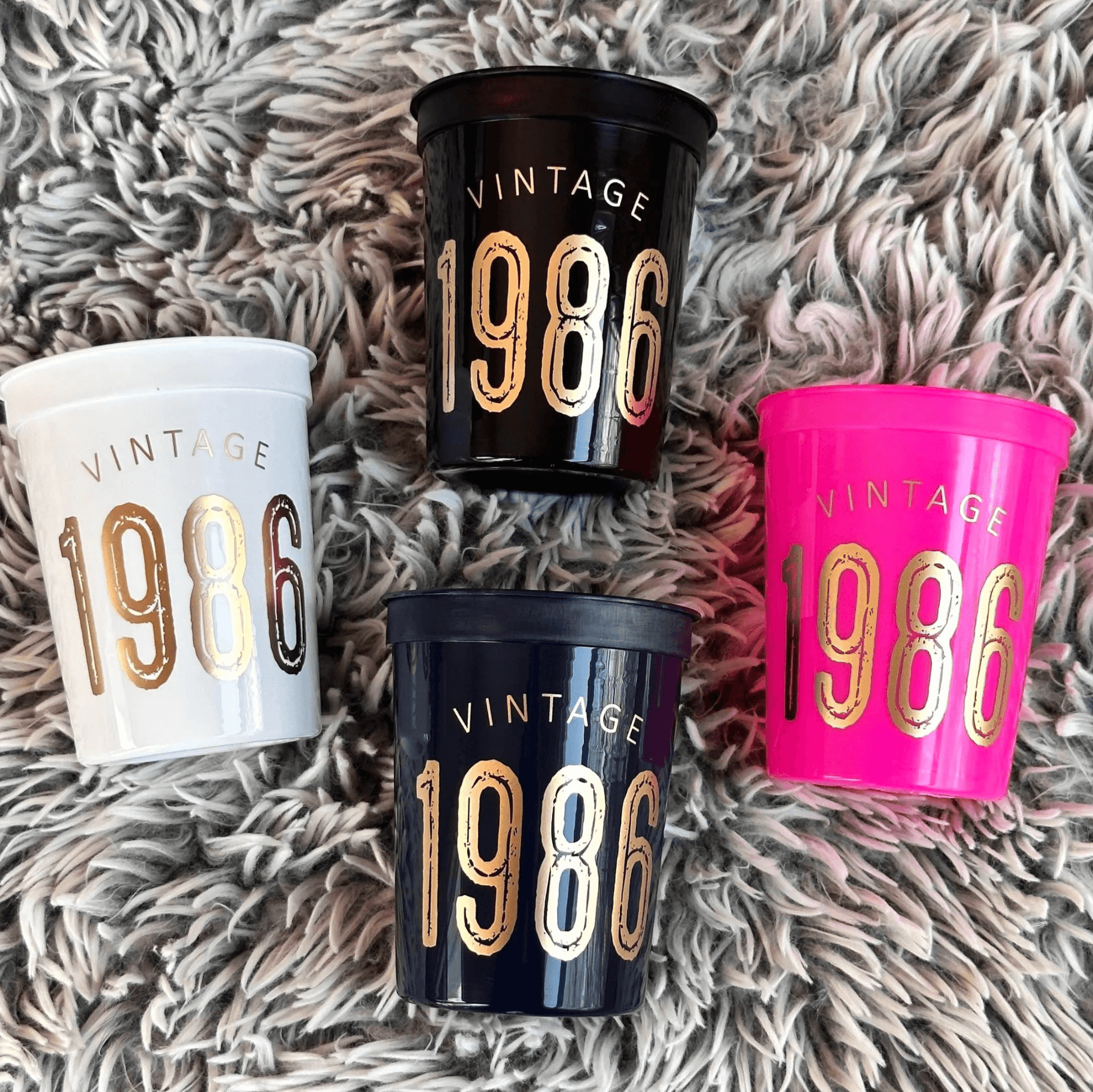 Vintage 1986 stadium cups black, white, hot pink and navy with gold lettering