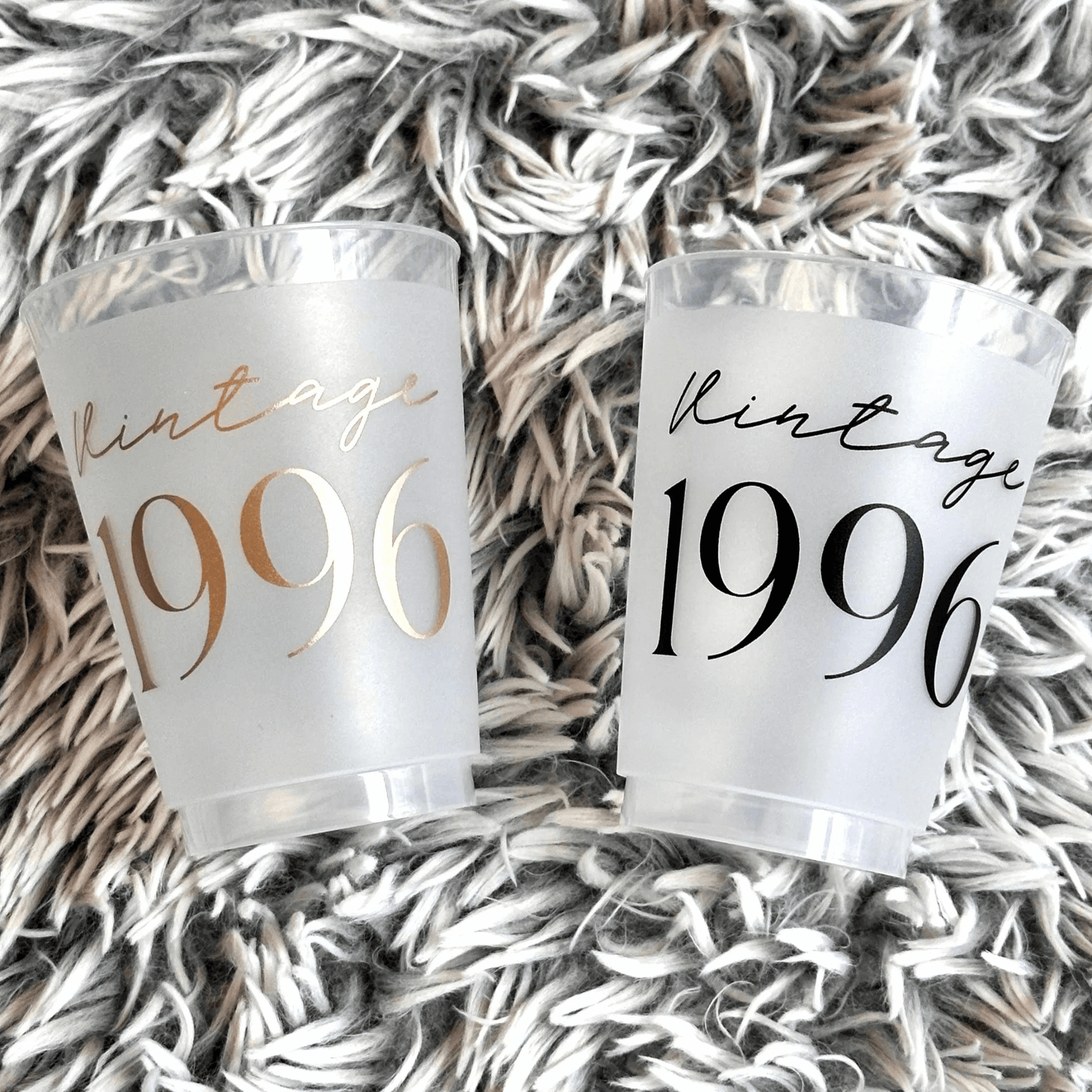 Vintage 1996 frosted cups in black and gold text 30th Birthday Cup