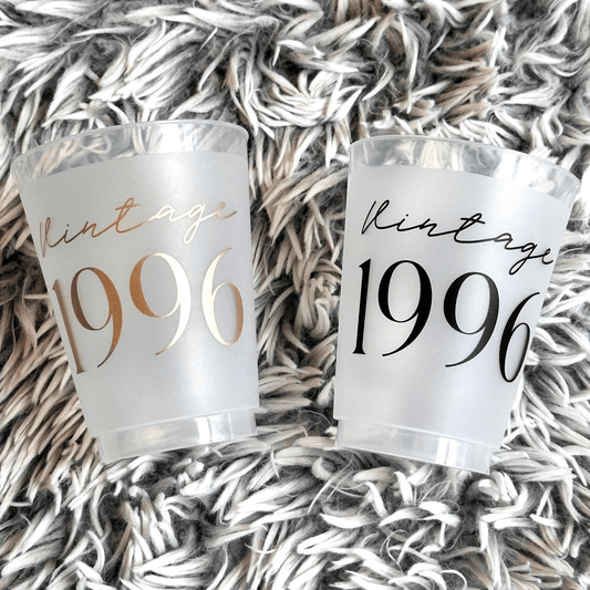 Vintage 1996 frosted cups in black and gold text 30th Birthday Cup