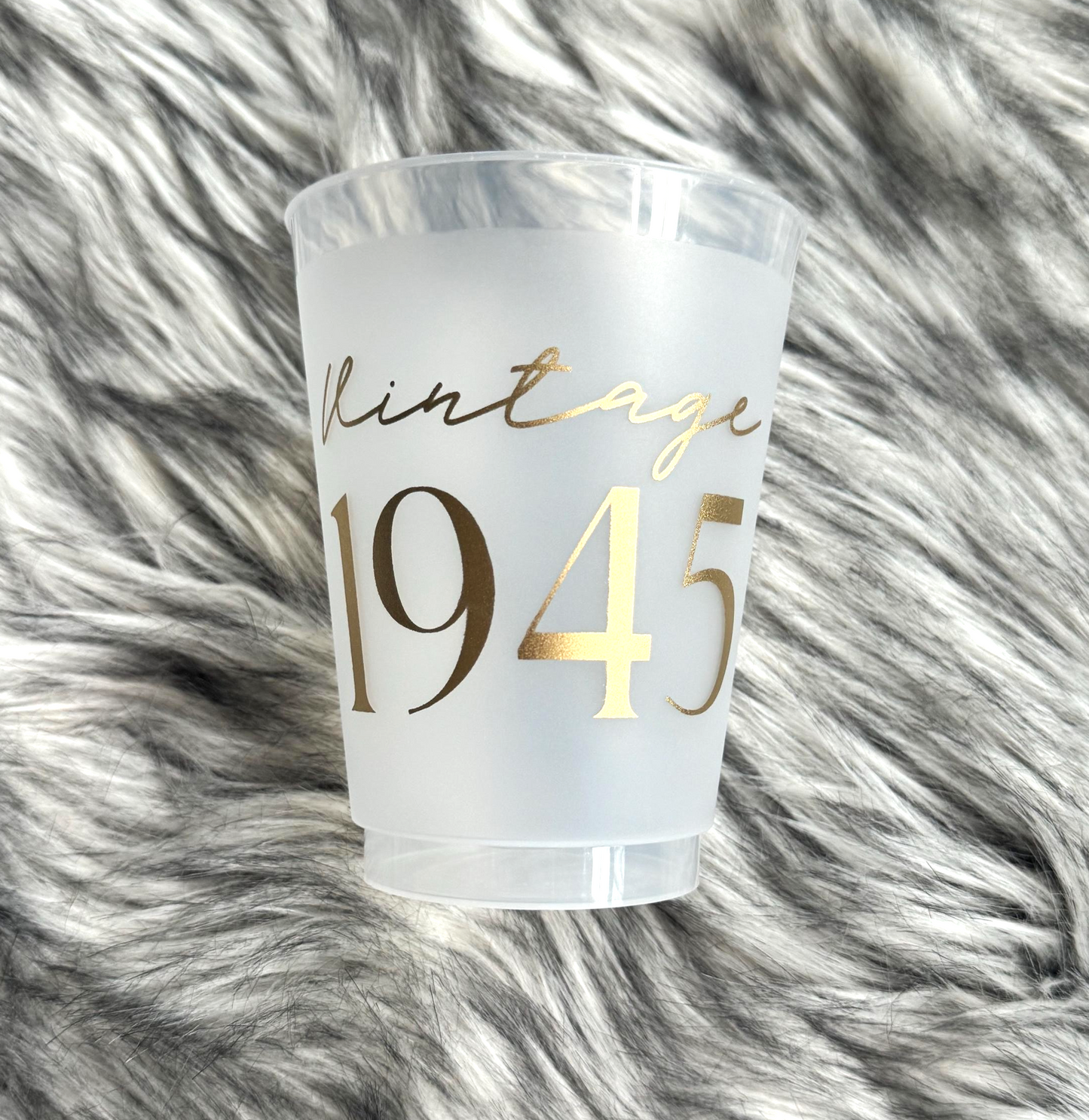 Vintage 1945 Frosted Flex Cups - 80th Birthday Party Cups -16 ounce, Gold or Black Ink, Set of 8