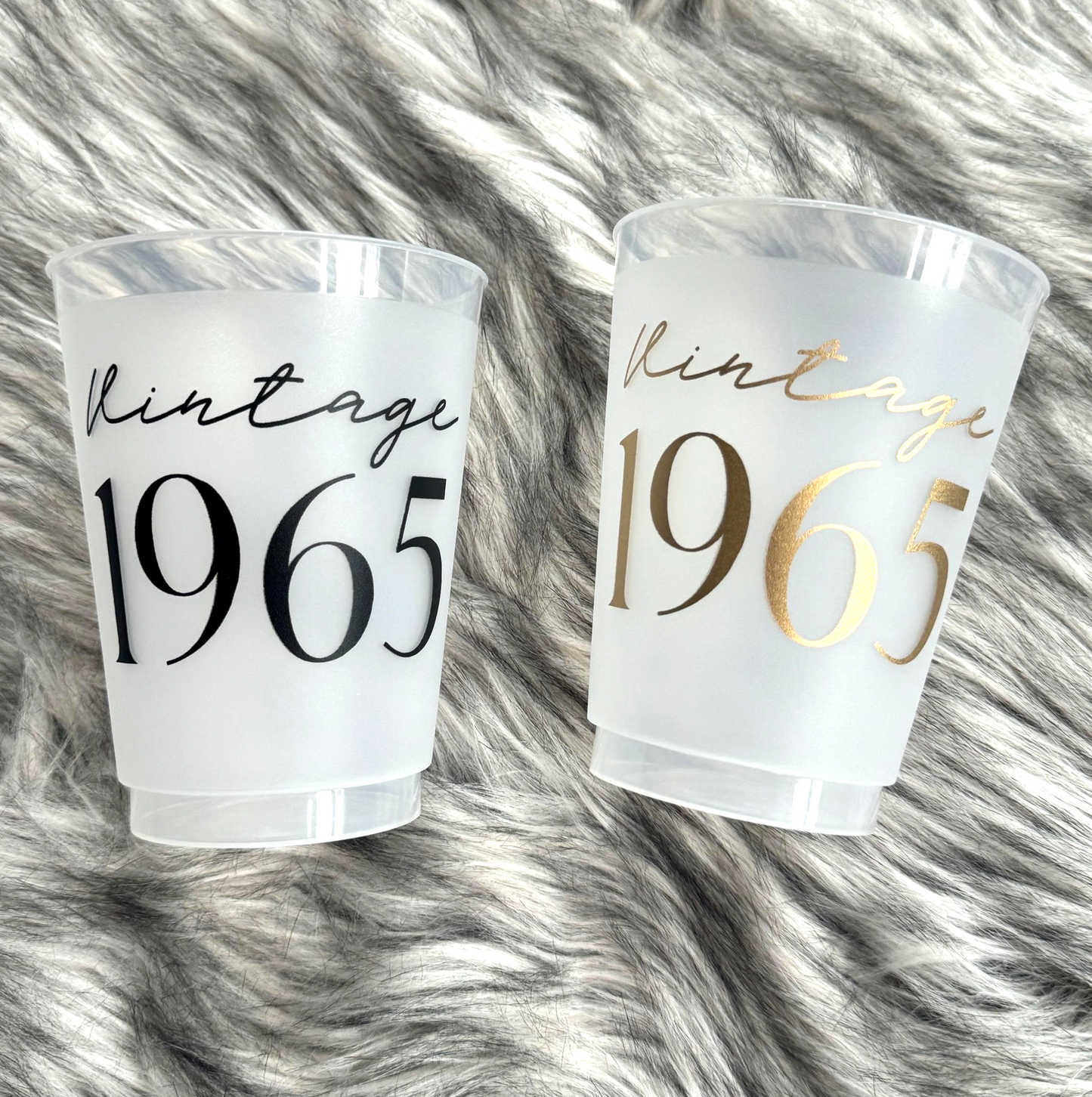 Vintage 1965 Frosted Flex Cups, 60th Birthday 16 ounce Cup, Black or Gold Ink, Set of 8