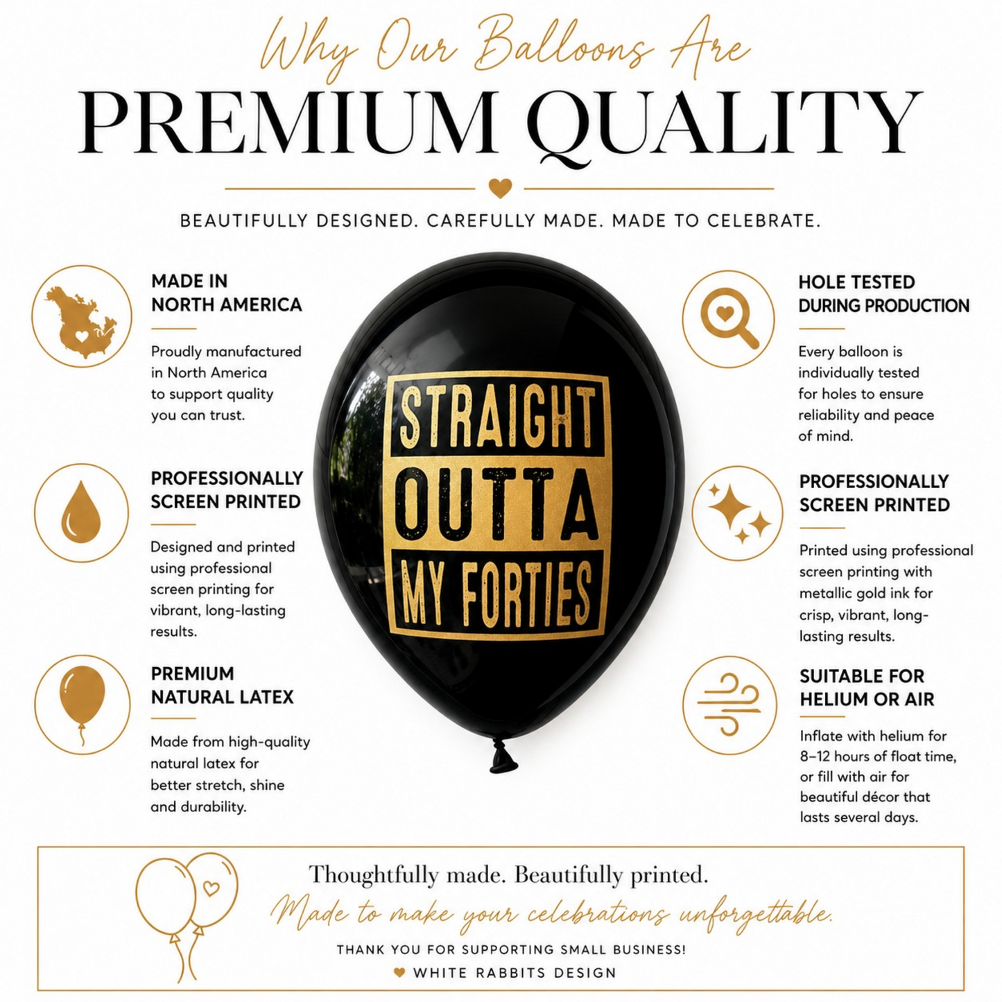 Balloon Quality chart gives information on how the balloons are hole tested, the time they last with helium or air, and how they are made in North America.