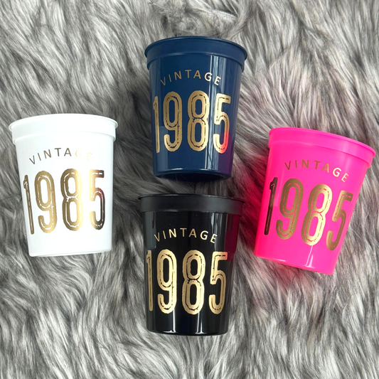 Vintage 1985 Cups, 40th Birthday Party Cups, 16 ounce Stadium Cups, Hot Pink, Black, White, Navy Set of 10