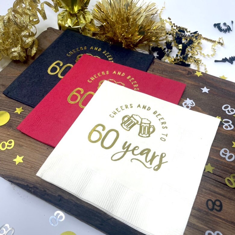 Cheers and Beers to 60 Years Cocktail Napkins – Fun & Festive 60th Birthday or Anniversary Decor