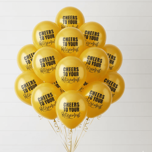 Cheers to your retirement balloons gold with black text.
