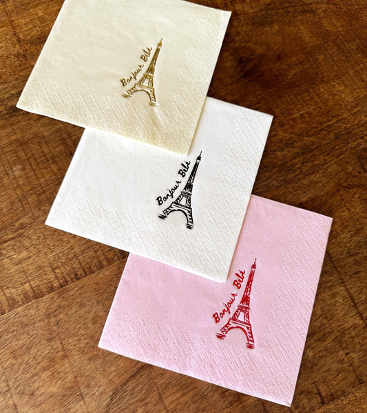 napkins with the eifel tower stamped in foil.  They read Bonjour Bebe for a baby shower