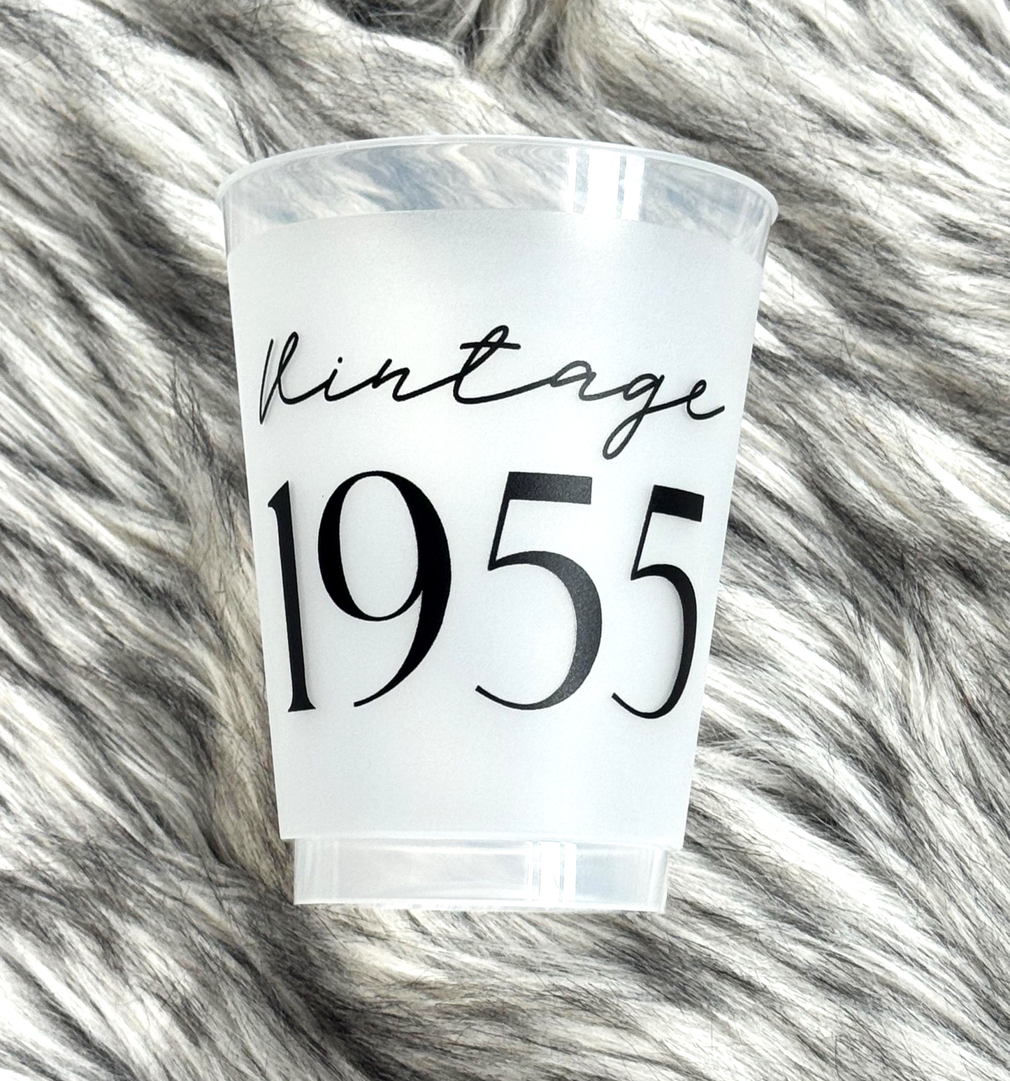 Vintage 1955 Frosted Flex Cups, 70th Birthday Cups, 16 ounce, Shatterproof, Black or Gold Ink, Set of 8