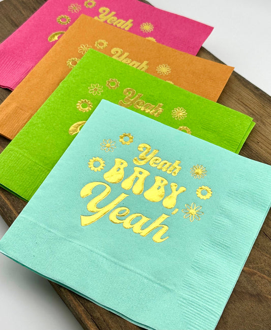 Yeah Baby Yeah" Cocktail Napkins – 20 Count, Retro Floral Design for Baby Showers & New Baby Celebrations