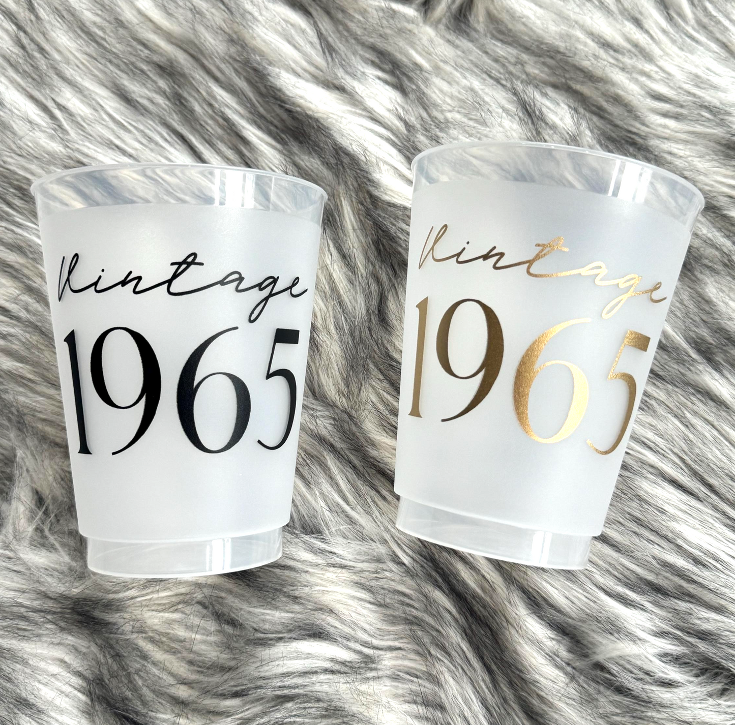 Vintage 1965 Frosted Flex Cups, 60th Birthday 16 ounce Cup, Black or Gold Ink, Set of 8