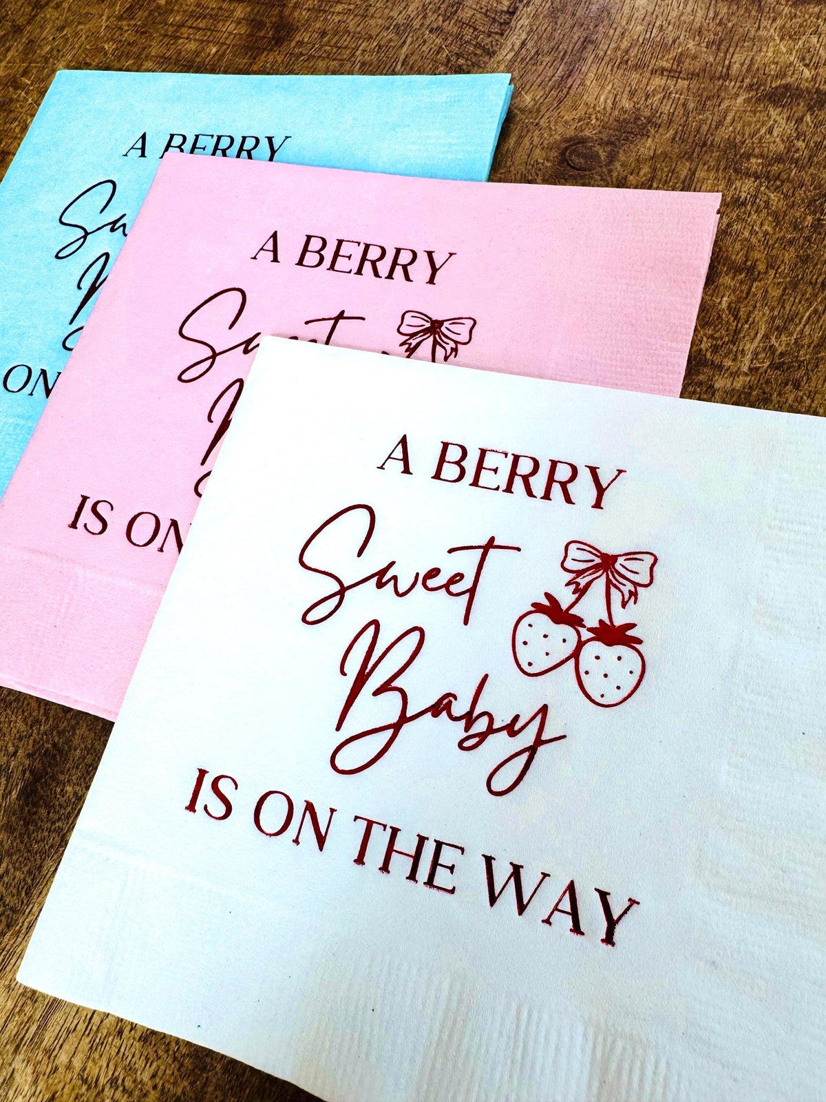 Strawberry Baby Shower Napkins – A Berry Sweet Baby Is on the Way – foil-stamped cocktail napkins