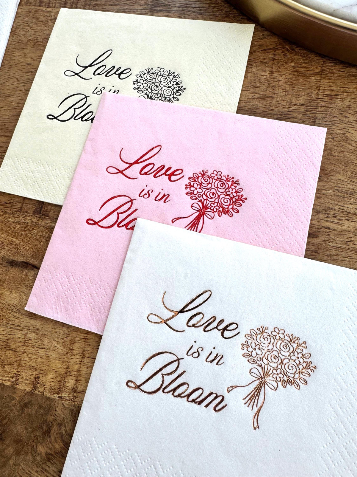 Love Is in Bloom Bridal Shower Napkins – Floral Cocktail Napkins – foil-stamped cocktail napkins