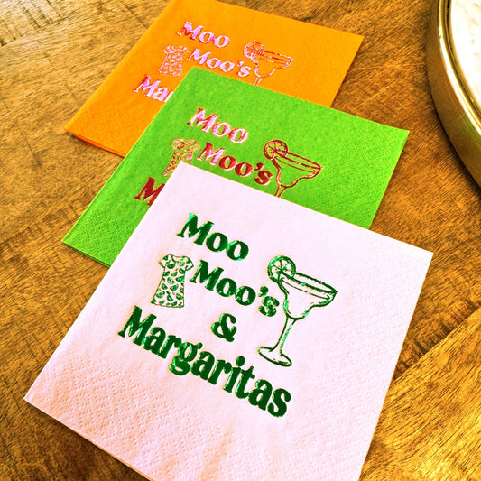 Moo Moos and Margaritas Cocktail Napkins – Girls Night Party – foil-stamped cocktail napkins