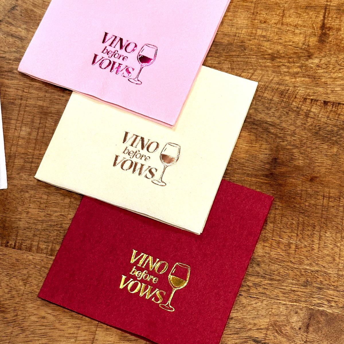 Vino Before Vows Wine Napkins – Bachelorette and Bridal Shower – foil-stamped cocktail napkins