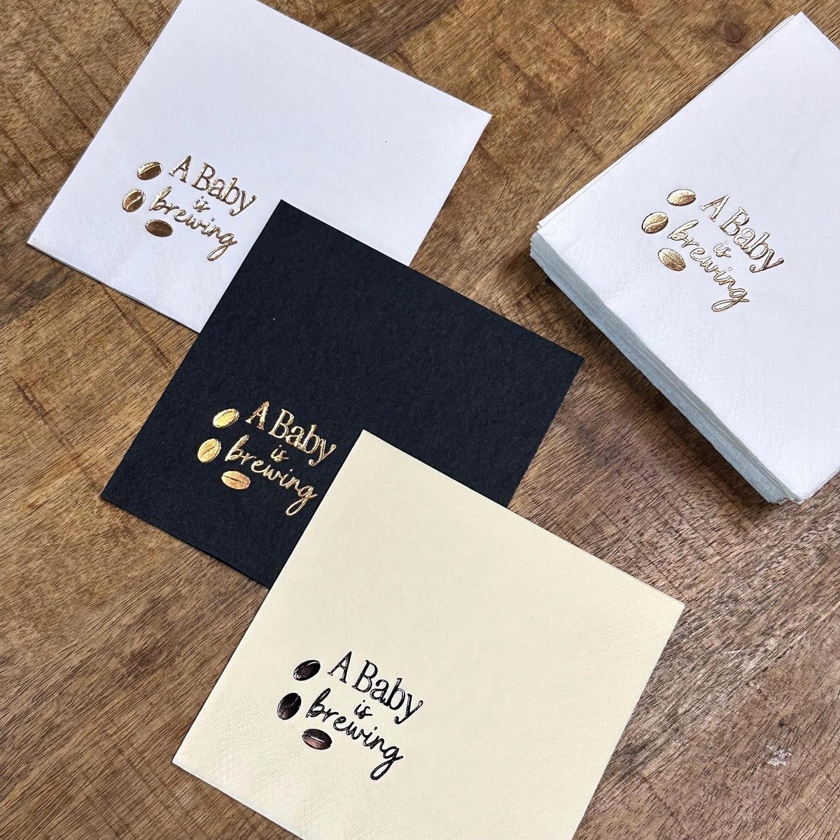 Baby Shower Napkins – A Baby Is Brewing Coffee Cocktail Napkins – foil-stamped cocktail napkins