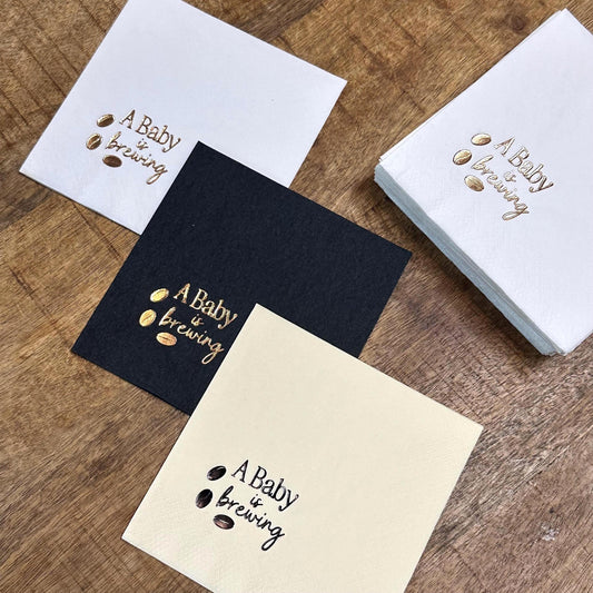 Baby Shower Napkins – A Baby Is Brewing Coffee Cocktail Napkins – foil-stamped cocktail napkins