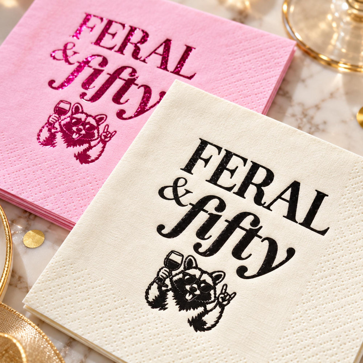50th Birthday Napkins – Feral and Fifty Cocktail Napkins – foil-stamped cocktail napkins
