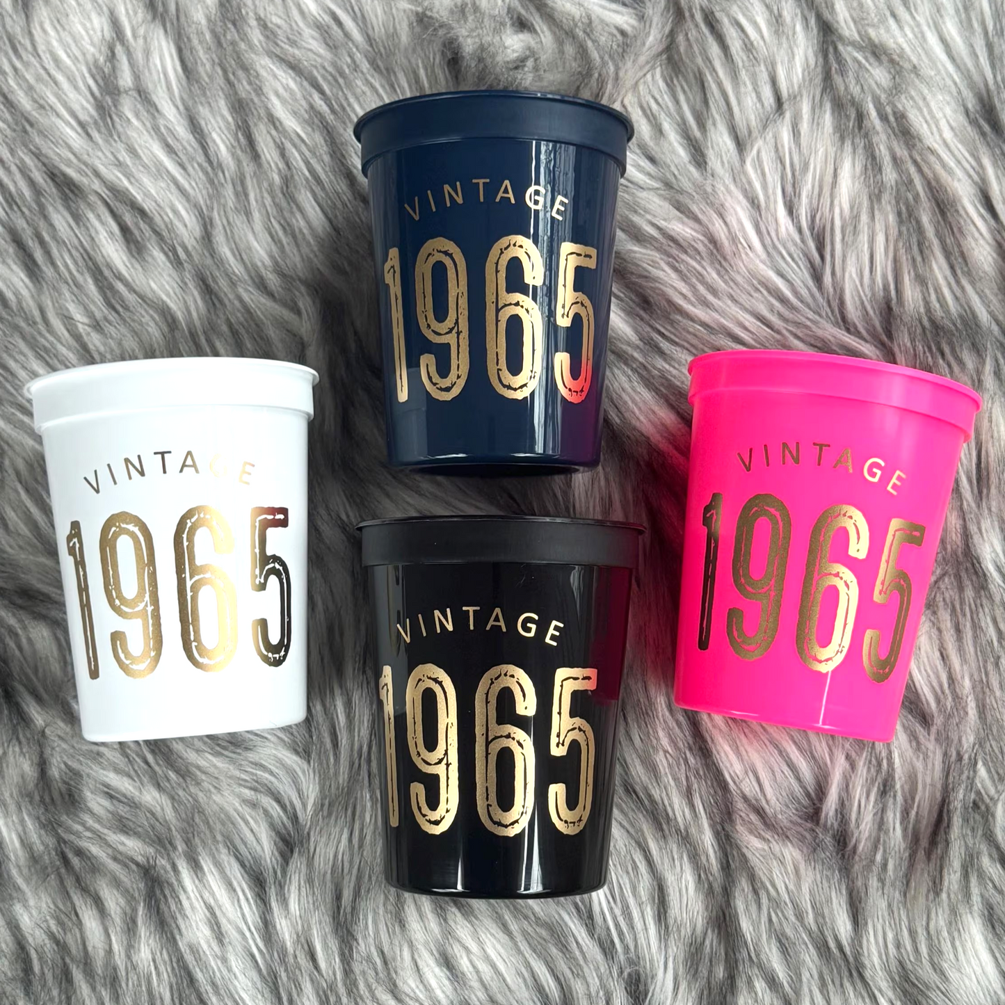 Vintage 1965 Cups, 60th Birthday Party Cups, 16 ounce Stadium Cups, Hot Pink, Black, White, Navy Set of 10