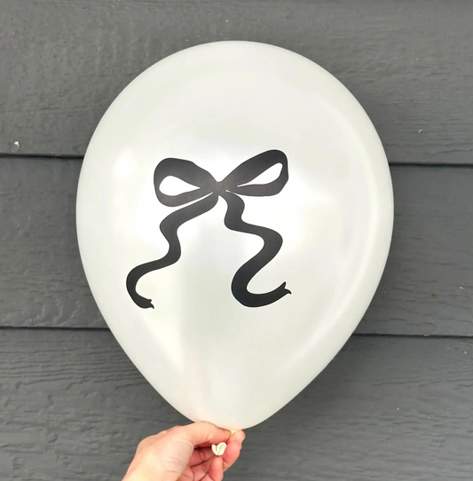 Pearl White Balloons with Whimsical Black Bow – Perfect for Bow-Themed Celebrations