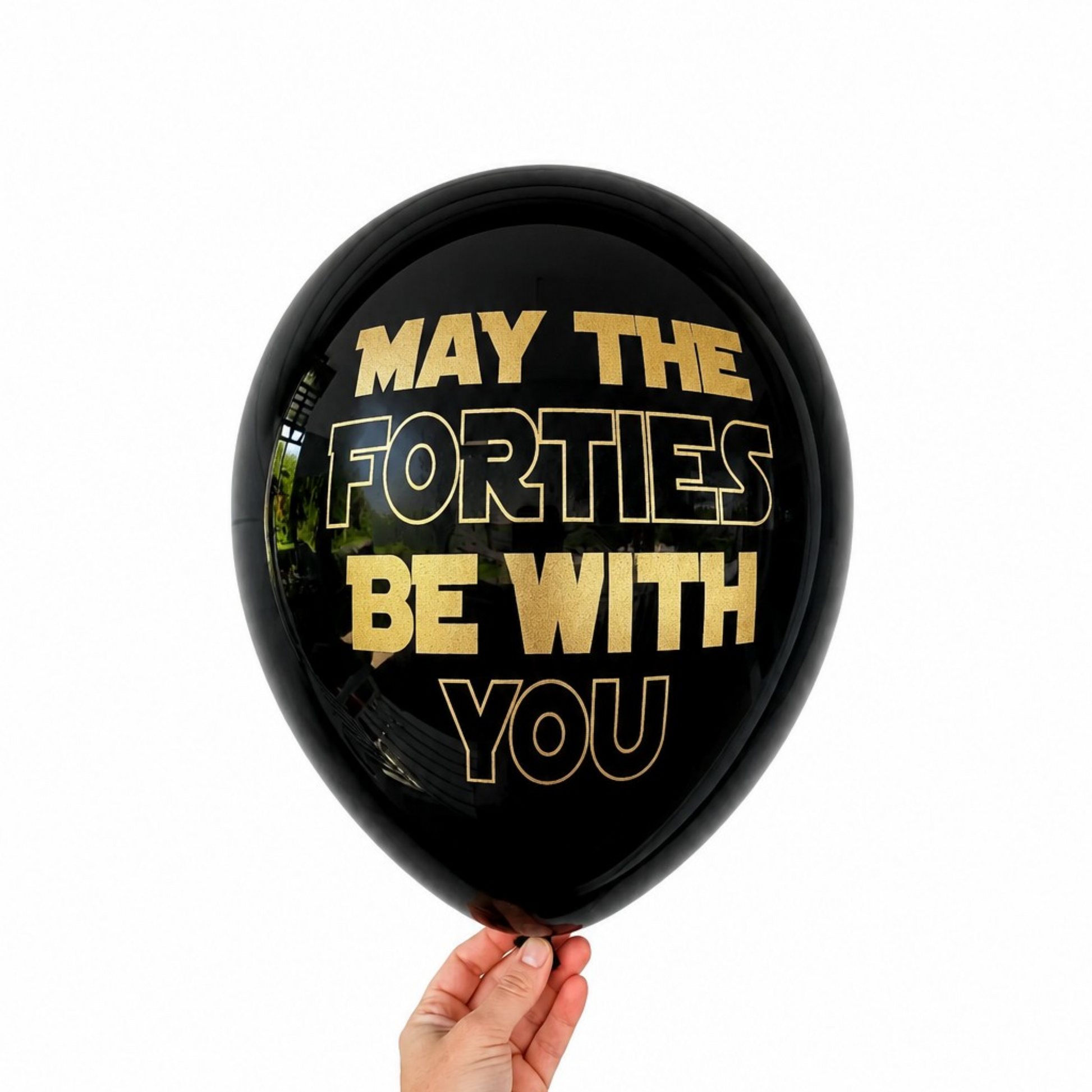 40th Birthday Balloons.  A black latex balloon with the text 'MAY THE FORTIES BE WITH YOU' in metallic gold lettering.  Perfect 40th Birthday Decorations for him