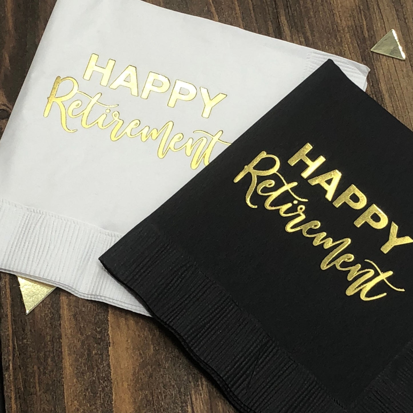 Happy Retirement napkins foil stamped