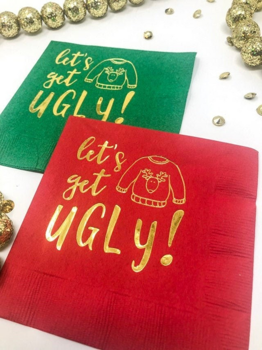 Let's Get Ugly Cocktail Napkins - Foil Stamped Ugly Christmas Sweater Design