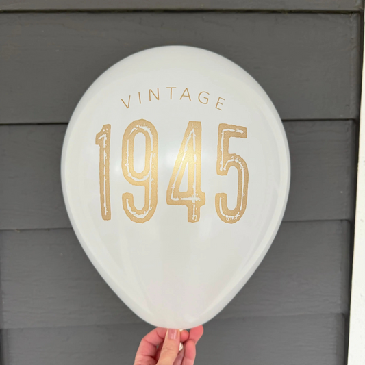 Vintage 1945 Balloon – Retro 80th Birthday Celebration- Black, White, or Navy with Gold Metallic Font