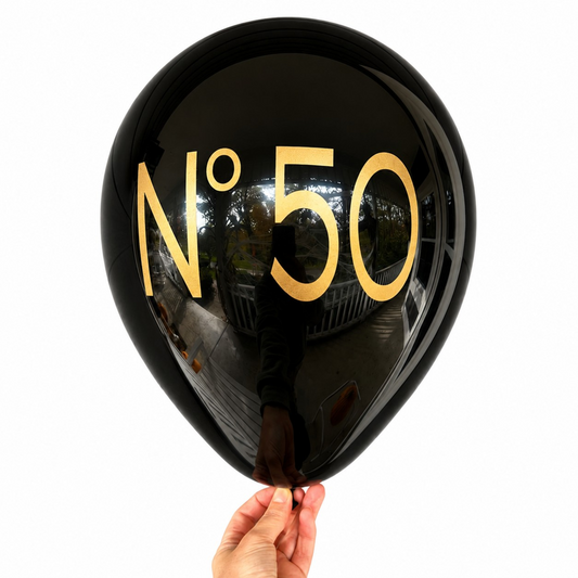 50th Birthday Balloons.  The balloon is black and reads No 50 in gold font.  these make perfect 50th Birthday Decorations