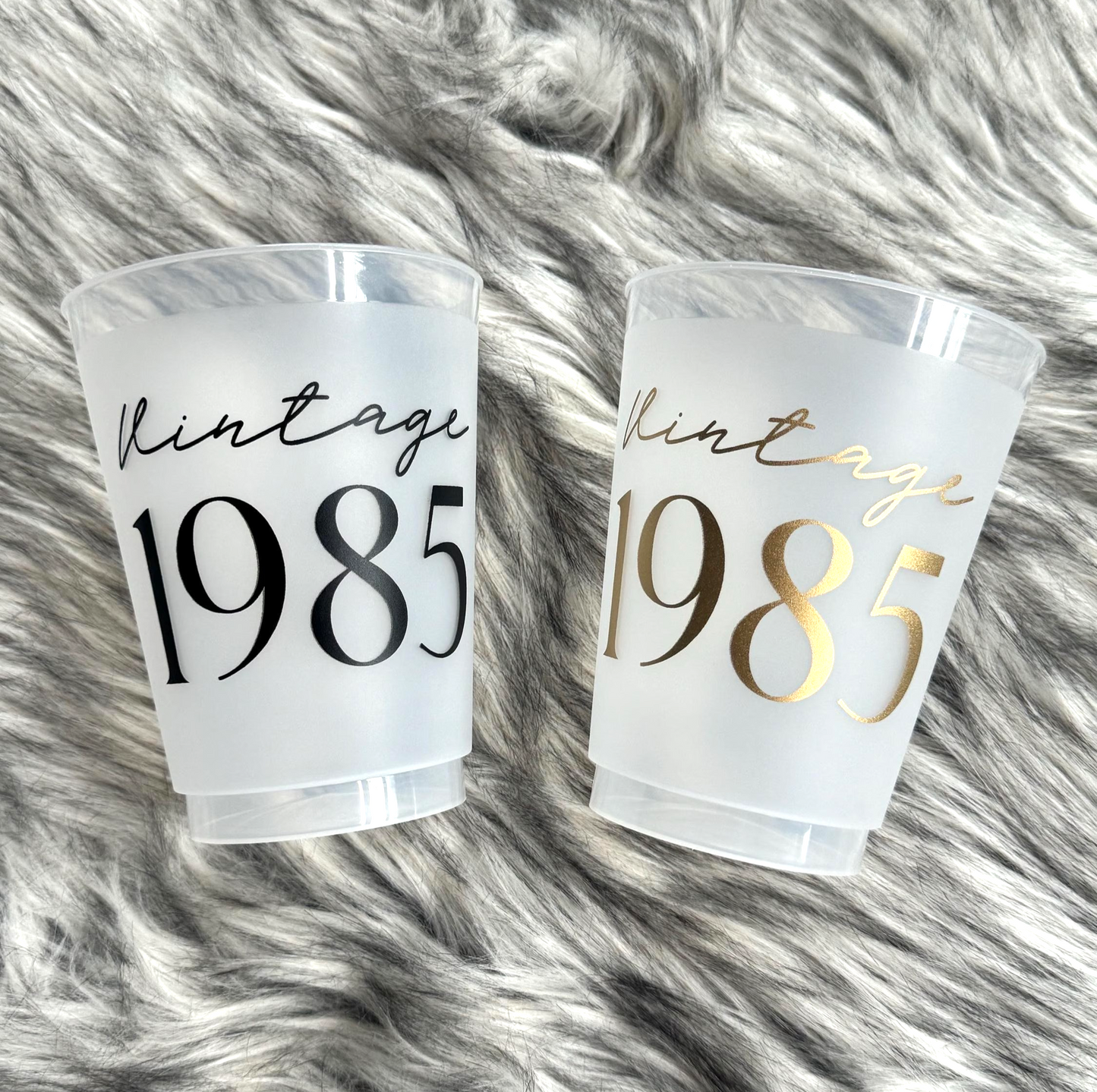 Frosted Vintage 1985 Cups, 40th Birthday 16 ounce Cups, Shatterproof, Set of 8