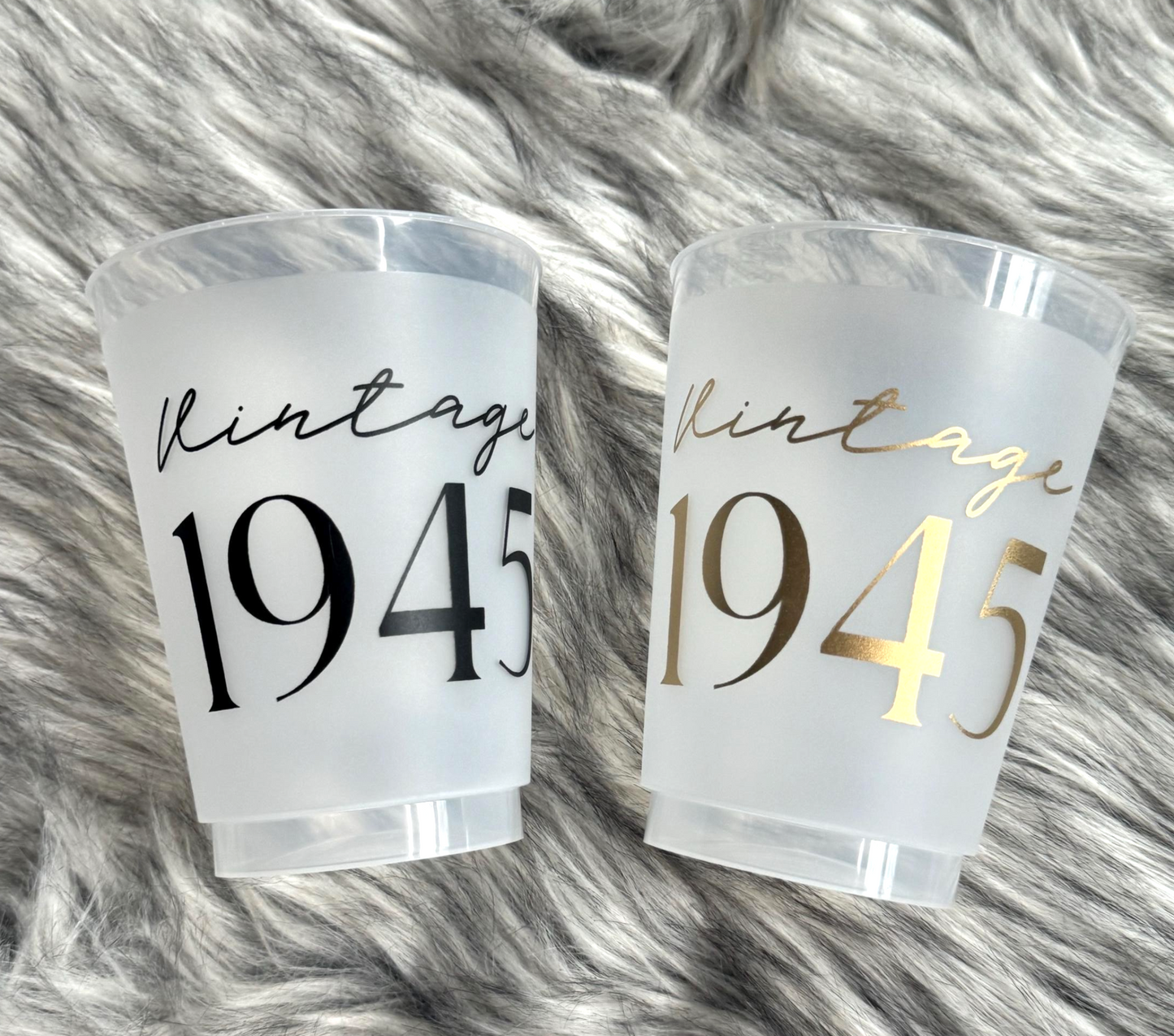 Vintage 1945 Frosted Flex Cups - 80th Birthday Party Cups -16 ounce, Gold or Black Ink, Set of 8