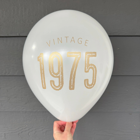 Vintage 1975 Balloons – Bold 50th Birthday Party Decor in White, Navy, and Black