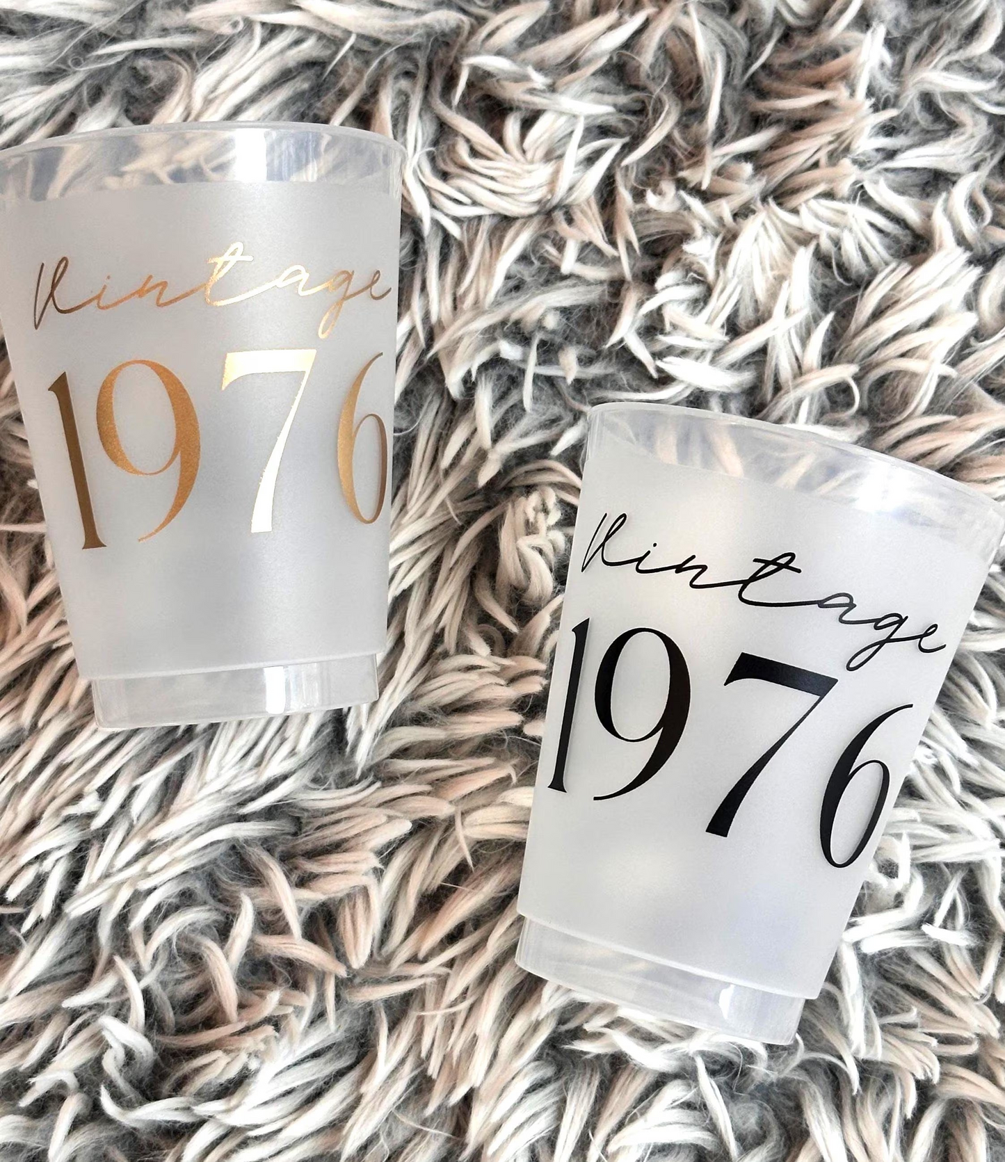 Vintage 1976 frosted cups in black and gold text 16-ounce 50th Milestone Cups