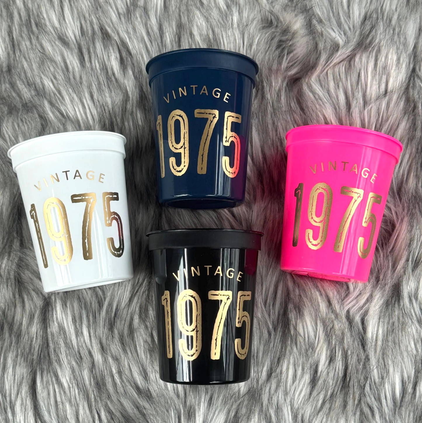 Vintage 1975 Cups, 50th Birthday Party Cups, 16 ounce Stadium Cups, Hot Pink, Black, White, Navy Set of 10