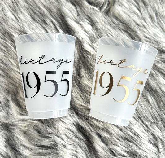 Vintage 1955 Frosted Flex Cups, 70th Birthday Cups, 16 ounce, Shatterproof, Black or Gold Ink, Set of 8